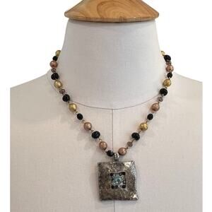 Sade Design Hand Crafted Statement Necklace, Beaded, Square Pendant, Boho